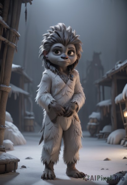 solo,looking at viewer,brown hair,1boy,brown eyes,jewelry,closed mouth,standing,full body,male focus,outdoors,artist name,necklace,blurry,blurry background,own hands together,child,furry,snow,furry male,male child,smile,animal ears,barefoot,looking to the side,night,watermark,aged down,web address,claws,rock,snowing,snout,tooth necklace