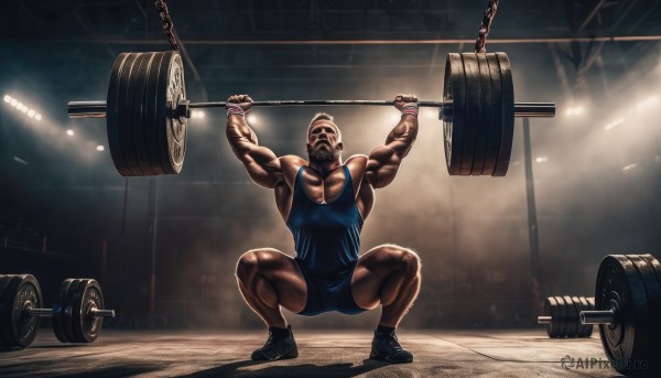 solo,1boy,male focus,shoes,shorts,indoors,dark skin,muscular,facial hair,chain,squatting,dark-skinned male,tank top,muscular male,sneakers,bara,beard,blue shorts,realistic,mustache,bald,manly,biceps,exercise,gym,weightlifting,full body,thighs,sweat,mask,wristband,light,blue tank top