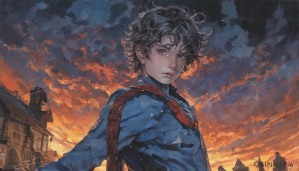 solo,looking at viewer,short hair,blue eyes,black hair,1boy,closed mouth,jacket,upper body,male focus,outdoors,sky,solo focus,cloud,bag,uniform,black eyes,lips,cloudy sky,blue jacket,building,messy hair,curly hair,sunset,military,military uniform,realistic