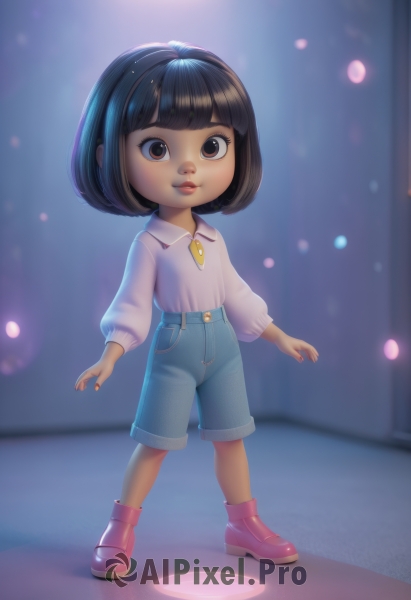 1girl,solo,looking at viewer,short hair,bangs,brown hair,shirt,black hair,long sleeves,brown eyes,jewelry,closed mouth,standing,full body,white shirt,boots,shoes,shorts,puffy sleeves,collared shirt,artist name,blunt bangs,medium hair,necklace,blurry,lips,blurry background,bob cut,denim,child,puffy long sleeves,blue shorts,denim shorts,pink footwear,female child,shirt tucked in,ankle boots,high-waist shorts,smile,nail polish,pink shirt