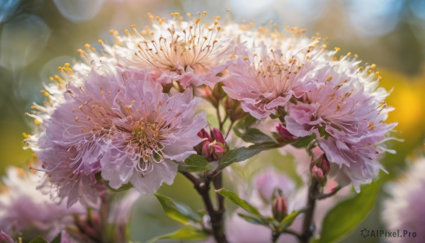 flower, outdoors, day, blurry, no humans, depth of field, blurry background, leaf, white flower, scenery, pink flower, blurry foreground, realistic, bokeh, still life