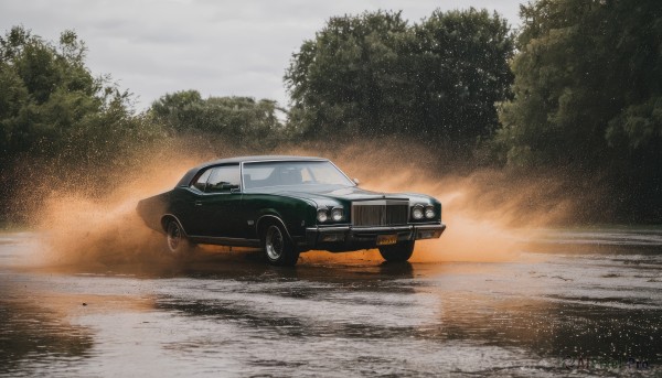 outdoors,sky,cloud,tree,no humans,cloudy sky,ground vehicle,nature,scenery,motor vehicle,forest,smoke,car,road,vehicle focus,sports car,water,reflection