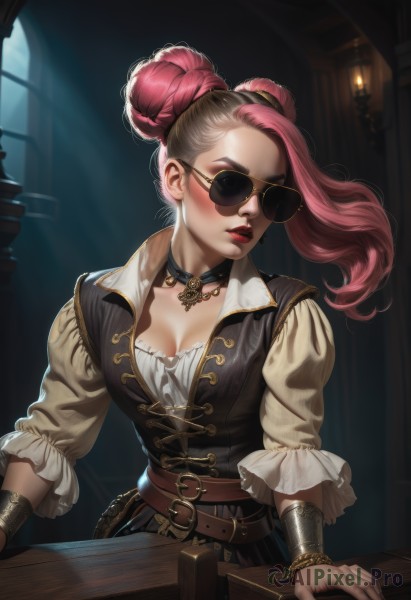 1girl,solo,long hair,breasts,brown hair,shirt,cleavage,jewelry,medium breasts,collarbone,white shirt,upper body,pink hair,braid,red hair,multicolored hair,earrings,parted lips,choker,puffy sleeves,belt,indoors,necklace,hair bun,mole,vest,bracelet,two-tone hair,lips,double bun,makeup,sunglasses,lipstick,mole under mouth,buckle,eyeshadow,mole on breast,belt buckle,nose,red lips,brown belt,candle,bracer,brown vest,mascara,mole above mouth,candlelight,looking at viewer,corset