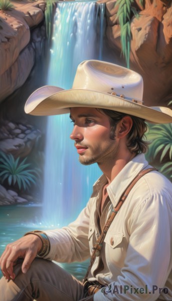 solo,brown hair,shirt,black hair,long sleeves,1boy,hat,brown eyes,jewelry,sitting,white shirt,male focus,boots,outdoors,parted lips,collared shirt,pants,dark skin,water,bracelet,from side,lips,profile,facial hair,dark-skinned male,plant,beard,rock,realistic,nose,mustache,stubble,brown pants,cowboy hat,waterfall,freckles,hand on own knee,cowboy western