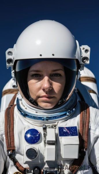 solo,looking at viewer,1boy,closed mouth,upper body,male focus,black eyes,lips,gradient,gradient background,blue background,helmet,star (sky),science fiction,realistic,space,planet,spacesuit,space helmet,astronaut,brown eyes,expressionless,portrait,reflection,serious,earth (planet),american flag