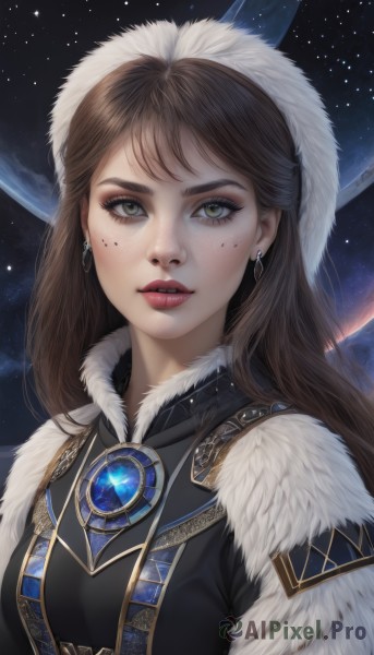 1girl,solo,long hair,looking at viewer,bangs,brown hair,hat,brown eyes,jewelry,upper body,earrings,parted lips,sky,mole,lips,fur trim,eyelashes,mole under eye,makeup,gem,star (sky),starry sky,freckles,realistic,nose,space,fur hat,green eyes,teeth,eyeshadow,red lips,planet