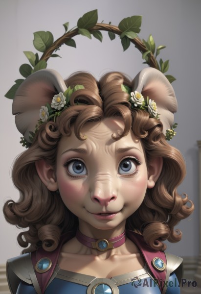 1girl,solo,breasts,looking at viewer,smile,short hair,blue eyes,brown hair,hair ornament,animal ears,collarbone,upper body,flower,parted lips,choker,hair flower,lips,leaf,plant,white flower,portrait,close-up,freckles,curly hair,realistic,mouse ears,long hair,blush,eyelashes,sunlight,backlighting,nose