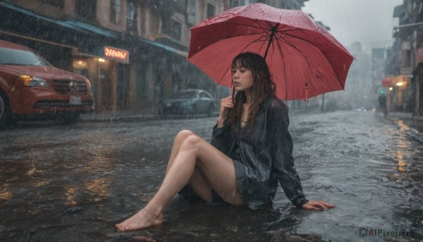 1girl, solo, long hair, skirt, brown hair, black hair, holding, sitting, jacket, closed eyes, outdoors, barefoot, black jacket, wet, bare legs, arm support, umbrella, ground vehicle, building, wet clothes, motor vehicle, reflection, rain, realistic, car, road, wet hair, street