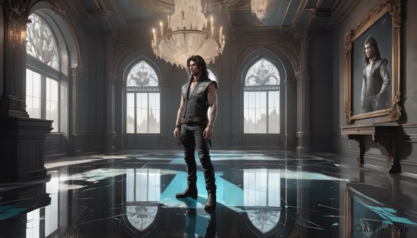 solo,long hair,brown hair,shirt,black hair,1boy,jewelry,standing,jacket,full body,white shirt,male focus,boots,sleeveless,belt,pants,indoors,hood,necklace,black footwear,vest,window,tattoo,facial hair,black pants,reflection,mirror,hands in pockets,stained glass,church,reflective floor,different reflection,chandelier,looking at viewer,water,muscular,wristband,scenery,beard,black vest,wooden floor,candle,painting (object),candlestand