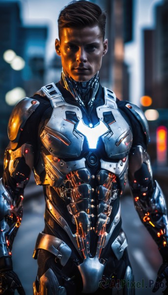 solo,looking at viewer,short hair,brown hair,black hair,1boy,standing,male focus,cowboy shot,outdoors,dark skin,armor,blurry,blurry background,robot,building,science fiction,city,realistic,android,cyborg,damaged,robot joints,power armor,cyberpunk,mechanical parts,closed mouth,bodysuit,muscular,glowing