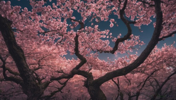 outdoors, sky, tree, blue sky, no humans, night, cherry blossoms, night sky, scenery, branch