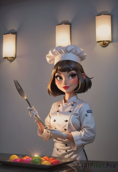 1girl,solo,breasts,looking at viewer,blush,smile,short hair,bangs,brown hair,black hair,gloves,long sleeves,hat,holding,brown eyes,closed mouth,upper body,food,indoors,white gloves,apron,lips,makeup,buttons,fruit,white headwear,bob cut,knife,lipstick,plate,fork,apple,red lips,double-breasted,holding knife,cooking,tomato,chef hat,spatula,chef,eggplant