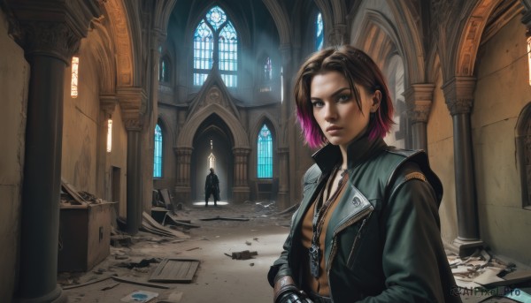 1girl,looking at viewer,short hair,brown hair,gloves,1boy,jewelry,standing,jacket,upper body,pink hair,multicolored hair,open clothes,indoors,necklace,two-tone hair,lips,coat,black jacket,window,gradient hair,cross,pendant,black coat,realistic,nose,candle,leather,ruins,pillar,statue,leather jacket,stained glass,hallway,church,arch,solo,brown eyes,weapon,purple hair,red hair,earrings,sword,zipper