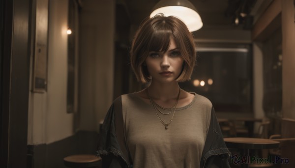 1girl,solo,breasts,looking at viewer,short hair,bangs,brown hair,shirt,hat,brown eyes,jewelry,closed mouth,collarbone,jacket,white shirt,upper body,open clothes,artist name,indoors,necklace,off shoulder,blurry,open jacket,lips,black jacket,depth of field,blurry background,chair,table,grey shirt,realistic,nose,leather,leather jacket,blue eyes,black hair,parted lips,window,halo,light,denim jacket