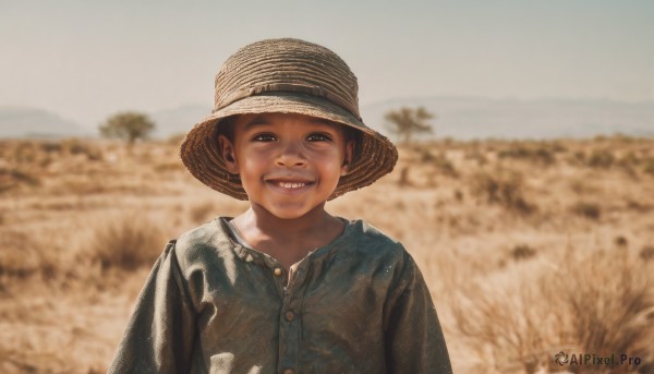 solo,looking at viewer,smile,shirt,black hair,1boy,hat,upper body,male focus,outdoors,teeth,day,grin,blurry,black eyes,buttons,depth of field,blurry background,child,realistic,straw hat,male child,field,photo background,open mouth,brown eyes,jacket,tree