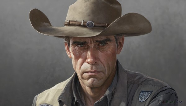 solo,looking at viewer,short hair,simple background,shirt,black hair,1boy,hat,closed mouth,jacket,upper body,male focus,collared shirt,grey background,uniform,lips,gradient background,portrait,realistic,brown headwear,manly,old,cowboy hat,brown hair,brown eyes,gradient,frown,brown jacket,serious,leather,leather jacket