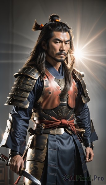 solo,long hair,looking at viewer,black hair,long sleeves,1boy,holding,brown eyes,closed mouth,standing,weapon,male focus,cowboy shot,japanese clothes,sword,holding weapon,armor,black eyes,sash,facial hair,holding sword,katana,knife,shoulder armor,sheath,beard,clenched hands,pauldrons,breastplate,mustache,holding knife,japanese armor,faulds,topknot,samurai,chinese clothes,backlighting,serious,realistic,scabbard