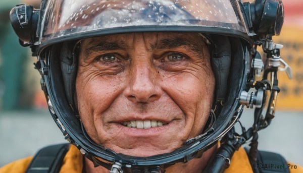 solo,looking at viewer,smile,1boy,brown eyes,male focus,parted lips,teeth,grin,blurry,depth of field,blurry background,helmet,portrait,reflection,realistic,old,spacesuit,astronaut,lips,clenched teeth,close-up,headset