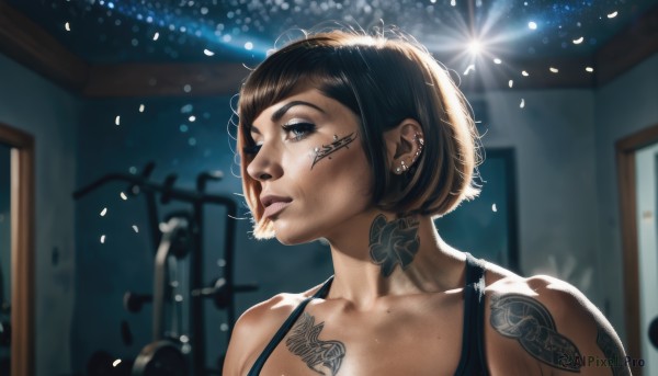 1girl,solo,short hair,brown hair,black hair,bare shoulders,brown eyes,jewelry,collarbone,upper body,earrings,parted lips,indoors,blurry,lips,tattoo,makeup,piercing,tank top,ear piercing,freckles,realistic,nose,door,arm tattoo,shoulder tattoo,facial tattoo,neck tattoo,nose piercing,lip piercing,eyebrow piercing,multiple piercings,blue eyes,portrait