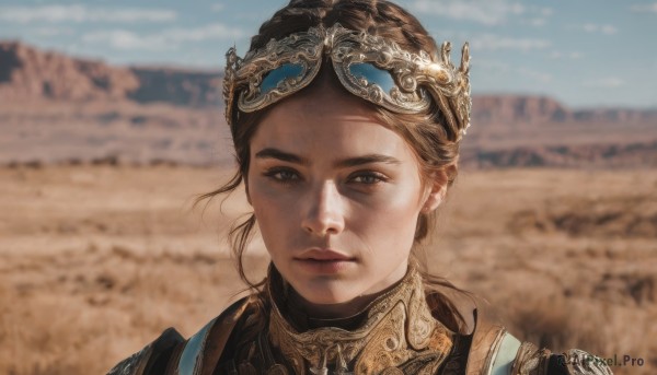 1girl,solo,looking at viewer,short hair,brown hair,brown eyes,closed mouth,outdoors,sky,day,armor,blurry,blue sky,lips,grey eyes,depth of field,blurry background,portrait,freckles,realistic,desert