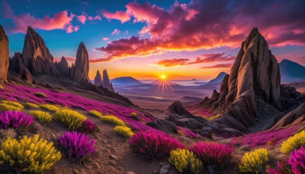 flower, outdoors, sky, cloud, dutch angle, no humans, sunlight, cloudy sky, scenery, sunset, rock, mountain, sun, horizon, field, landscape, mountainous horizon