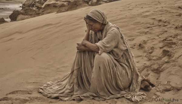 solo,1boy,dress,sitting,closed mouth,monochrome,male focus,outdoors,dark skin,hood,from side,facial hair,beach,hand on own face,hood up,knee up,head rest,robe,rock,sand,old,on ground,sepia,brown theme,desert,fine art parody,1girl,long hair,blonde hair,full body,closed eyes,cape,white dress,dark-skinned female,crying,cloak,realistic,sad,dirty