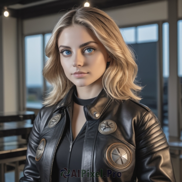 1girl,solo,long hair,looking at viewer,blue eyes,blonde hair,closed mouth,jacket,upper body,open clothes,choker,indoors,medium hair,blurry,open jacket,lips,black jacket,blurry background,black choker,forehead,zipper,realistic,nose,leather,badge,leather jacket,denim jacket,breasts,eyelashes,bodysuit,depth of field,emblem,unzipped,button badge