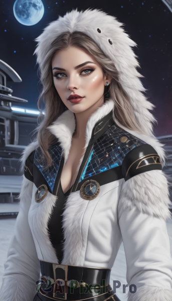 1girl,solo,long hair,breasts,looking at viewer,blue eyes,brown hair,long sleeves,cleavage,jewelry,medium breasts,upper body,earrings,outdoors,sky,belt,hood,lips,coat,grey eyes,fur trim,makeup,night,moon,lipstick,star (sky),night sky,snow,full moon,eyeshadow,hood up,starry sky,realistic,nose,white coat,winter clothes,red lips,stud earrings,space,planet,fur coat,parka,closed mouth,artist name,building,architecture,hooded bodysuit