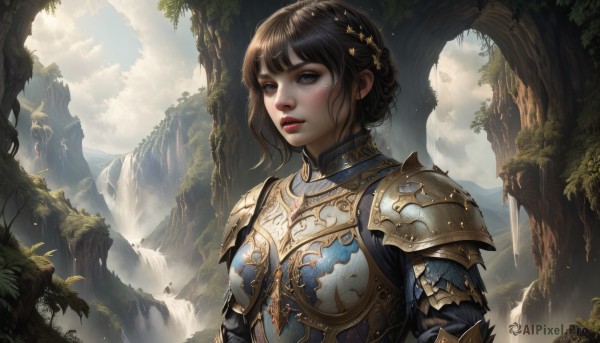 1girl,solo,breasts,short hair,bangs,blue eyes,brown hair,hair ornament,brown eyes,upper body,braid,outdoors,parted lips,sky,teeth,day,artist name,cloud,water,armor,tree,lips,looking to the side,makeup,looking away,sunlight,cloudy sky,plant,lipstick,shoulder armor,nature,scenery,pauldrons,breastplate,mountain,realistic,nose,fantasy,red lips,crown braid,looking afar,waterfall,cliff,moss,looking at viewer,blush,black hair,knight