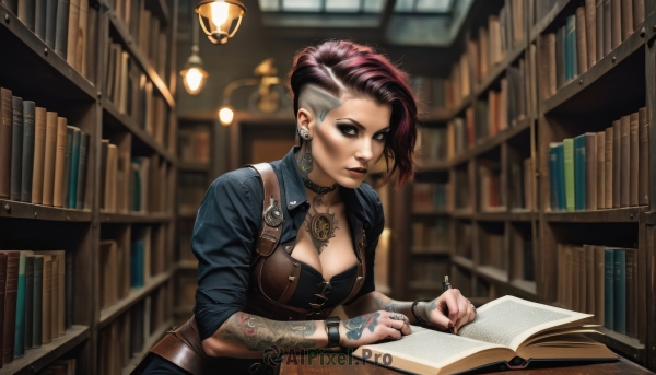 1girl,solo,breasts,looking at viewer,short hair,large breasts,holding,cleavage,jewelry,medium breasts,upper body,pink hair,red hair,multicolored hair,earrings,parted lips,choker,indoors,nail polish,blurry,black eyes,bracelet,two-tone hair,lips,fingernails,book,eyelashes,tattoo,makeup,leaning forward,depth of field,blurry background,piercing,ring,lipstick,ear piercing,black nails,sleeves rolled up,eyeshadow,asymmetrical hair,watch,open book,nose,bookshelf,pen,wristwatch,eyeliner,arm tattoo,undercut,facial tattoo,library,mascara,writing,eyebrow cut,brown hair,collar,corset,lamp,breast tattoo