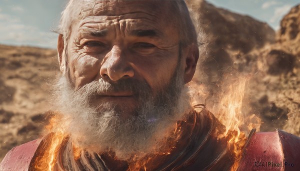 solo,looking at viewer,1boy,closed mouth,upper body,white hair,male focus,outdoors,sky,day,armor,blurry,blue sky,blurry background,facial hair,scar,fire,portrait,beard,scar on face,mature male,realistic,mustache,scar across eye,manly,old,old man,wrinkled skin,close-up,rock