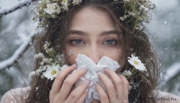 1girl, solo, long hair, looking at viewer, blue eyes, brown hair, holding, flower, blurry, fingernails, thick eyebrows, white flower, portrait, snow, snowing, realistic, branch