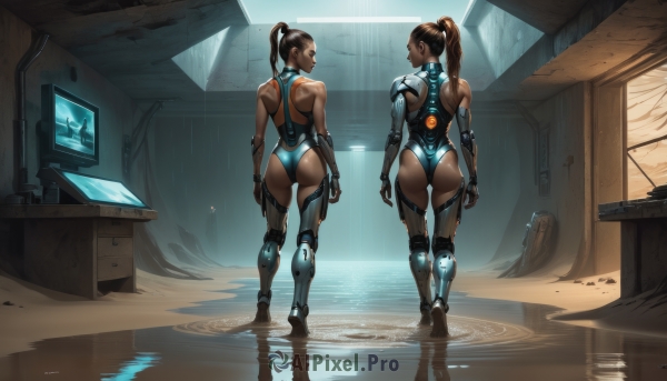 1girl,solo,long hair,brown hair,thighhighs,gloves,bare shoulders,brown eyes,standing,full body,ponytail,ass,indoors,dark skin,fingerless gloves,from behind,leotard,dark-skinned female,reflection,science fiction,mirror,arms at sides,joints,blue leotard,monitor,cyborg,robot joints,hologram,breasts,boots,elbow gloves,high heels,window,profile,multiple views,back,high ponytail,highleg leotard,thong leotard,mechanical legs