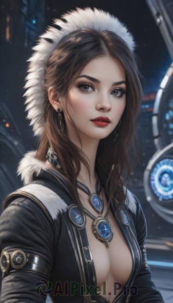 1girl,solo,long hair,breasts,looking at viewer,brown hair,cleavage,brown eyes,jewelry,medium breasts,jacket,upper body,earrings,parted lips,open clothes,choker,hood,necklace,blurry,lips,coat,fur trim,no bra,makeup,depth of field,blurry background,lipstick,pendant,realistic,nose,red lips,bangs,black jacket,eyelashes