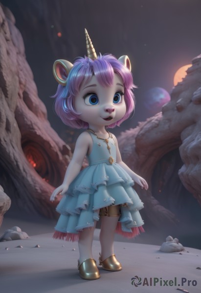 1girl,solo,short hair,open mouth,blue eyes,dress,animal ears,bare shoulders,jewelry,standing,full body,pink hair,purple hair,outdoors,horns,shoes,teeth,sleeveless,artist name,necklace,bare arms,night,sleeveless dress,blue dress,moon,child,furry,single horn,personification,furry female,female child,squirrel,buck teeth,smile,bangs,blue hair,collarbone,tail,sidelocks,frills,solo focus,shiny,signature,shiny hair,flat chest,thigh strap,:3,glowing,watermark,brown footwear,short dress,happy,frilled dress,backlighting,wide-eyed,rock,body fur,animal nose,yellow footwear,two-tone fur,spotlight,cave