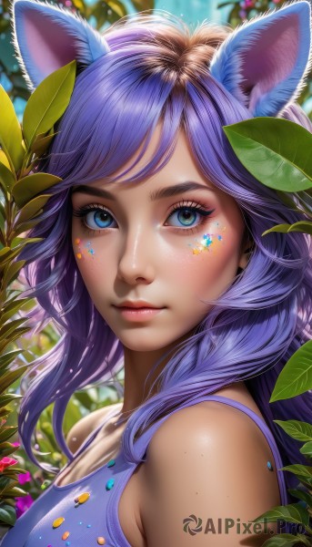 1girl,solo,long hair,breasts,looking at viewer,bangs,blue eyes,animal ears,bare shoulders,medium breasts,closed mouth,upper body,purple hair,day,shiny,artist name,cat ears,blurry,from side,lips,eyelashes,makeup,blurry background,swept bangs,leaf,watermark,facial mark,tank top,plant,portrait,web address,eyeshadow,freckles,pink lips,realistic,nose,mascara,cleavage,green eyes,flower,outdoors,sleeveless,star (symbol),mole,fox ears,sunlight,facepaint