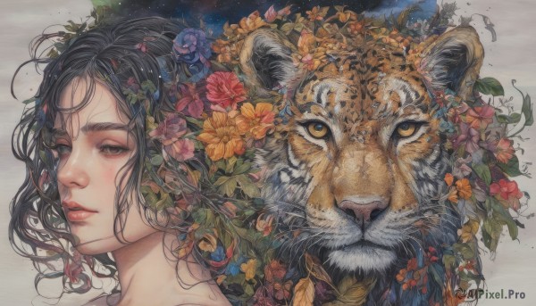 1girl,solo,long hair,looking at viewer,black hair,hair ornament,brown eyes,flower,parted lips,hair flower,lips,animal,leaf,plant,portrait,freckles,realistic,tiger,orange flower,bangs,closed mouth,yellow eyes,black eyes,eyelashes,red flower,yellow flower,nose,purple flower,year of the tiger