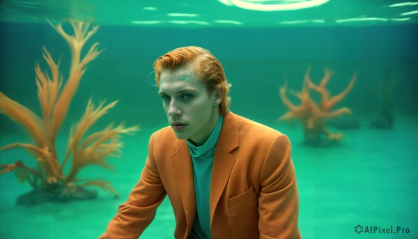 HQ,solo,looking at viewer,blue eyes,blonde hair,shirt,1boy,jewelry,jacket,upper body,male focus,earrings,parted lips,open clothes,water,sweater,lips,colored skin,turtleneck,brown jacket,underwater,turtleneck sweater,realistic,alien,coral,tree,air bubble,aquarium,seaweed