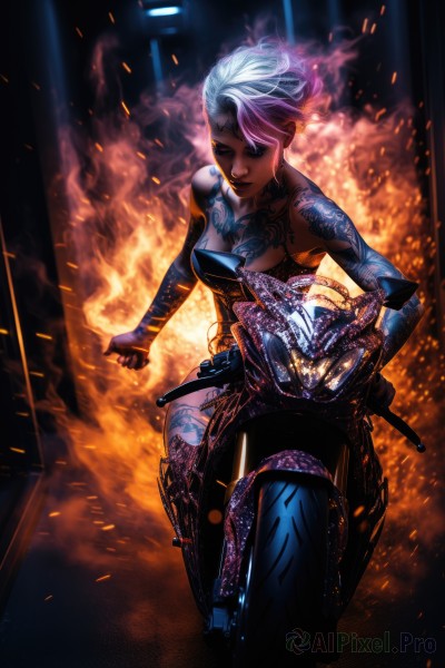 1girl,solo,breasts,short hair,cleavage,bare shoulders,jewelry,medium breasts,closed eyes,weapon,purple hair,white hair,multicolored hair,armor,two-tone hair,dark-skinned female,lips,bodysuit,tattoo,helmet,fire,ground vehicle,motor vehicle,headwear removed,arm tattoo,motorcycle,helmet removed,embers,sparks,earrings,dark skin,makeup,glowing,lipstick,clenched hand,genderswap,genderswap (mtf),nose,very short hair,facial tattoo,full-body tattoo