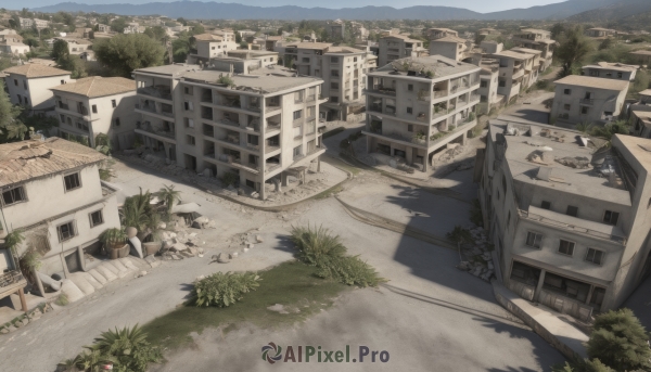 outdoors,sky,day,tree,no humans,window,shadow,grass,plant,ground vehicle,building,scenery,motor vehicle,stairs,city,car,road,bush,cityscape,ruins,house,street,from above,landscape,path,town