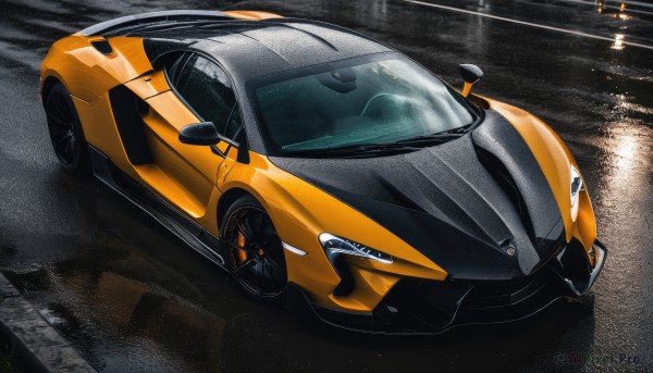 A motor vehicle in a picturesque rainy outdoors