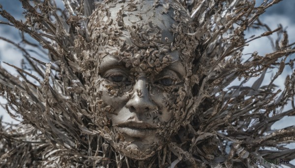 solo,1boy,male focus,sky,blurry,tree,lips,realistic,outdoors,parted lips,teeth,day,artist name,cloud,armor,blue sky,depth of field,chain,portrait,scenery