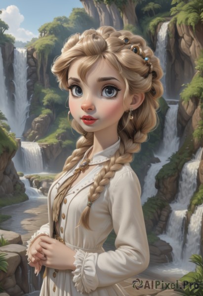 1girl,solo,long hair,breasts,looking at viewer,blue eyes,blonde hair,hair ornament,long sleeves,dress,jewelry,upper body,braid,earrings,small breasts,outdoors,parted lips,sky,day,artist name,cloud,water,necklace,white dress,twin braids,tree,blue sky,lips,grey eyes,eyelashes,makeup,buttons,own hands together,plant,lipstick,brooch,gem,hair over shoulder,freckles,rock,nose,red lips,river,waterfall,blush,bangs,ring