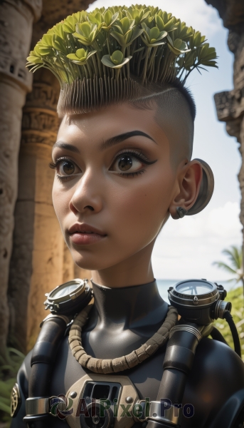 1girl,solo,short hair,brown hair,black hair,brown eyes,jewelry,upper body,earrings,outdoors,day,dark skin,hair bun,mole,blurry,dark-skinned female,lips,mole under eye,bodysuit,blurry background,leaf,portrait,sky,eyelashes,mask,looking away,sunlight,freckles,realistic,nose,very short hair,undercut