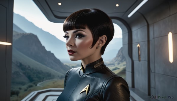 1girl,solo,looking at viewer,short hair,bangs,black hair,brown eyes,jewelry,upper body,earrings,parted lips,indoors,blunt bangs,uniform,black eyes,lips,eyelashes,bodysuit,makeup,lipstick,eyeshadow,science fiction,mountain,realistic,nose,red lips,stud earrings,eyeliner,teeth,day