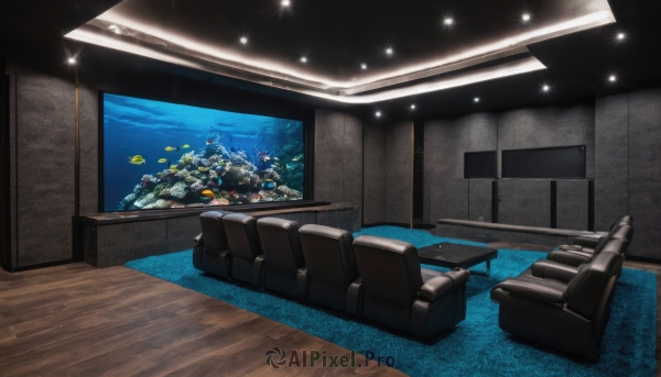 sky,indoors,water,no humans,window,night,ocean,chair,table,scenery,couch,fish,wooden floor,underwater,watercraft,star (sky),science fiction,space,planet,spacecraft,island,aquarium