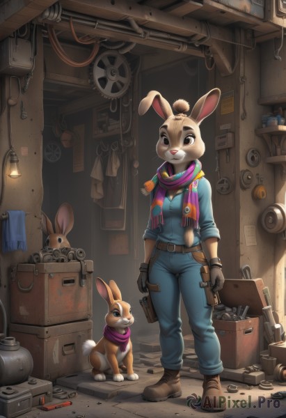 1girl,solo,smile,shirt,gloves,holding,animal ears,brown eyes,standing,tail,full body,weapon,boots,striped,belt,pants,artist name,indoors,signature,hair bun,scarf,holding weapon,rabbit ears,gun,animal,watermark,brown footwear,robot,rabbit tail,holding gun,furry,handgun,rabbit,rabbit girl,furry female,lamp,overalls,cable,badge,hammer,animal nose,striped scarf,wrench,industrial pipe,utility belt,crate,screwdriver,tools,breasts,looking at viewer,towel,box