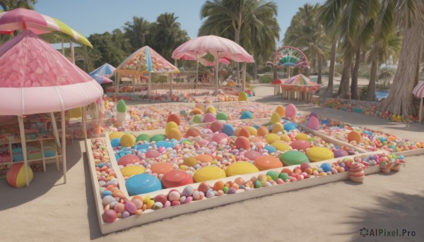 outdoors,food,sky,day,cloud,tree,blue sky,no humans,shadow,umbrella,chair,beach,table,candy,scenery,ball,sand,palm tree,shade,parasol,beach umbrella,shop,macaron,too many,ferris wheel,multiple girls,blonde hair,sitting,standing,multiple boys,cup,sunglasses,plant,6+boys,beachball,lounge chair,beach chair,tablecloth,coconut