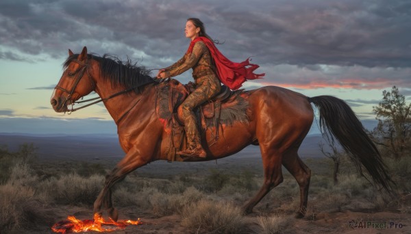 1girl,solo,long hair,black hair,1boy,male focus,boots,outdoors,sky,pants,cloud,water,cape,from side,tree,animal,cloudy sky,grass,fire,nature,red cape,riding,horse,horseback riding,reins,saddle,torn clothes,scenery,realistic,horizon,brown pants,torn cape