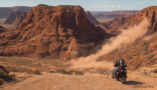 solo,1boy,outdoors,sky,day,cloud,blue sky,ground vehicle,scenery,motor vehicle,science fiction,rock,mountain,sand,road,riding,motorcycle,landscape,desert,dust,1girl,helmet